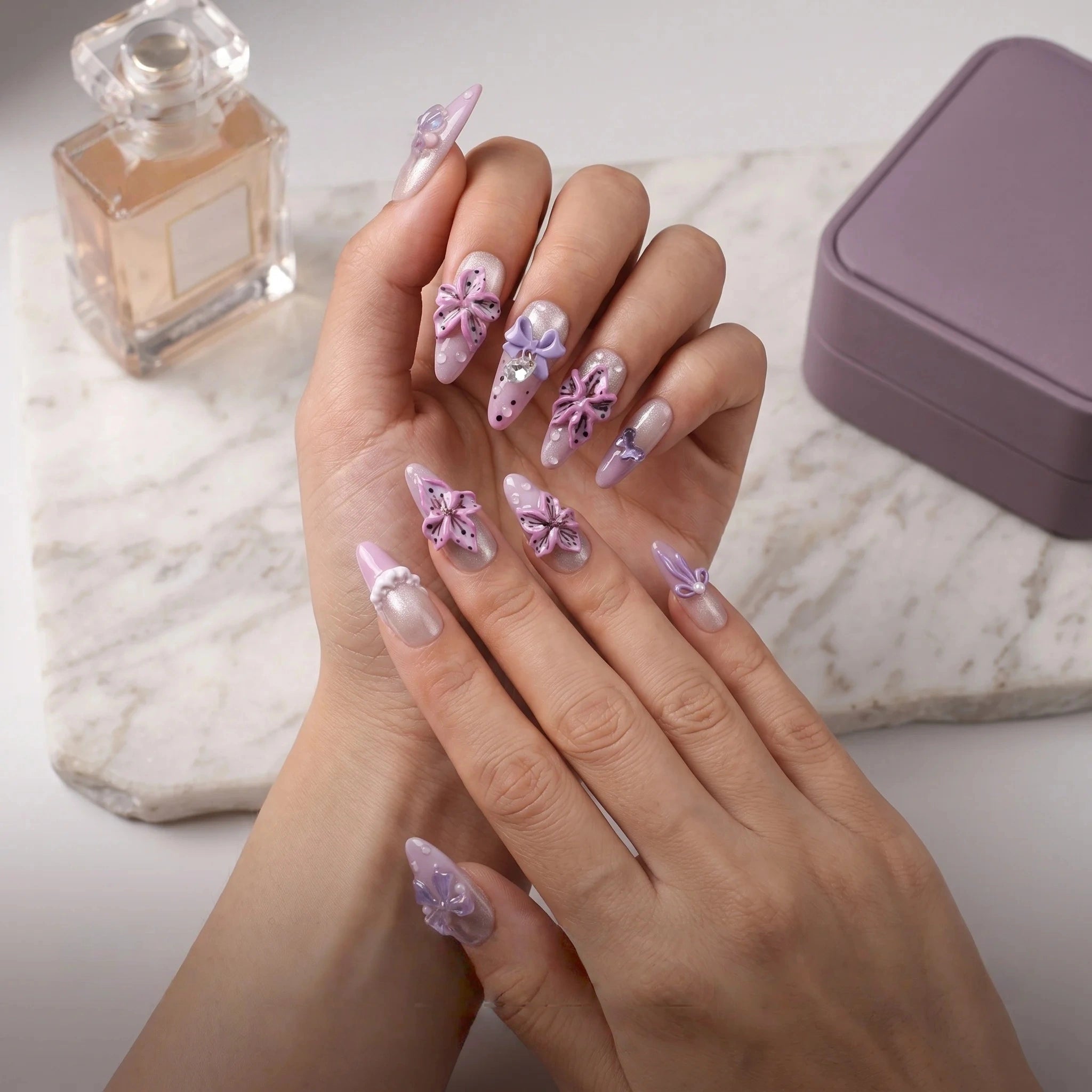 Kentrim Lavender 3D Flower & Bow Press On Nails- 10 Pieces (Single Size) Secondary image