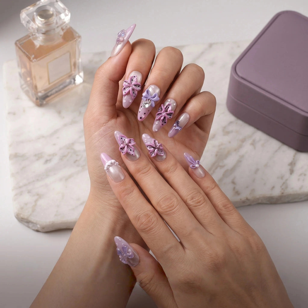 Kentrim Lavender 3D Flower & Bow Press On Nails- 10 Pieces (Single Size)