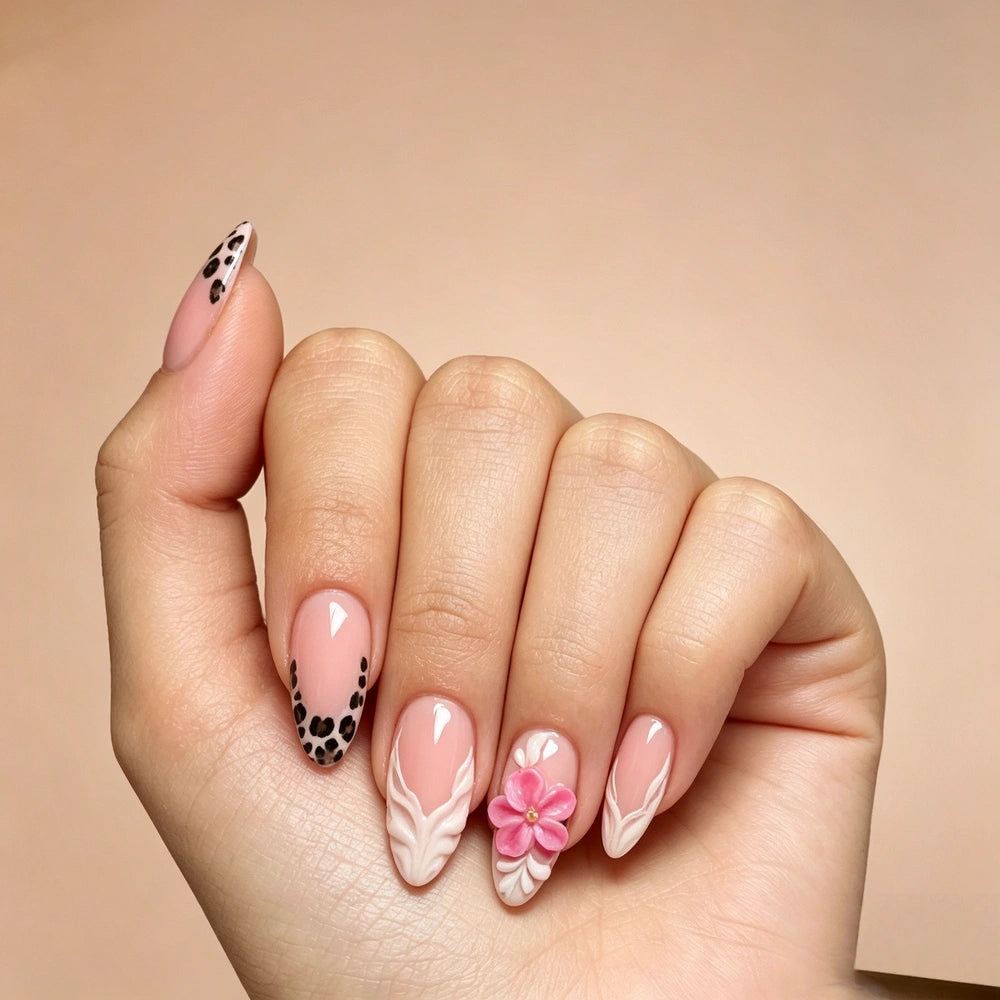 Kentrim Pink Leopard French Tip 3D Flower Medium Almond Press On Nails - 24 Pieces, 12 Sizes