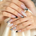 Kentrim Nude Black French Tip 3D Flower Rhinestone Medium Almond Press On Nails - 24 Pieces, 12 Sizes