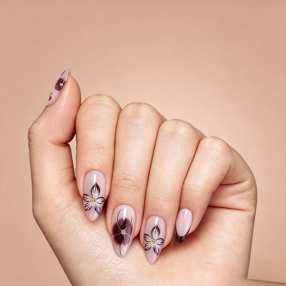 Kentrim Nude Pink Black French Tip Floral Medium Almond Press On Nails - 24 Pieces, 12 Sizes