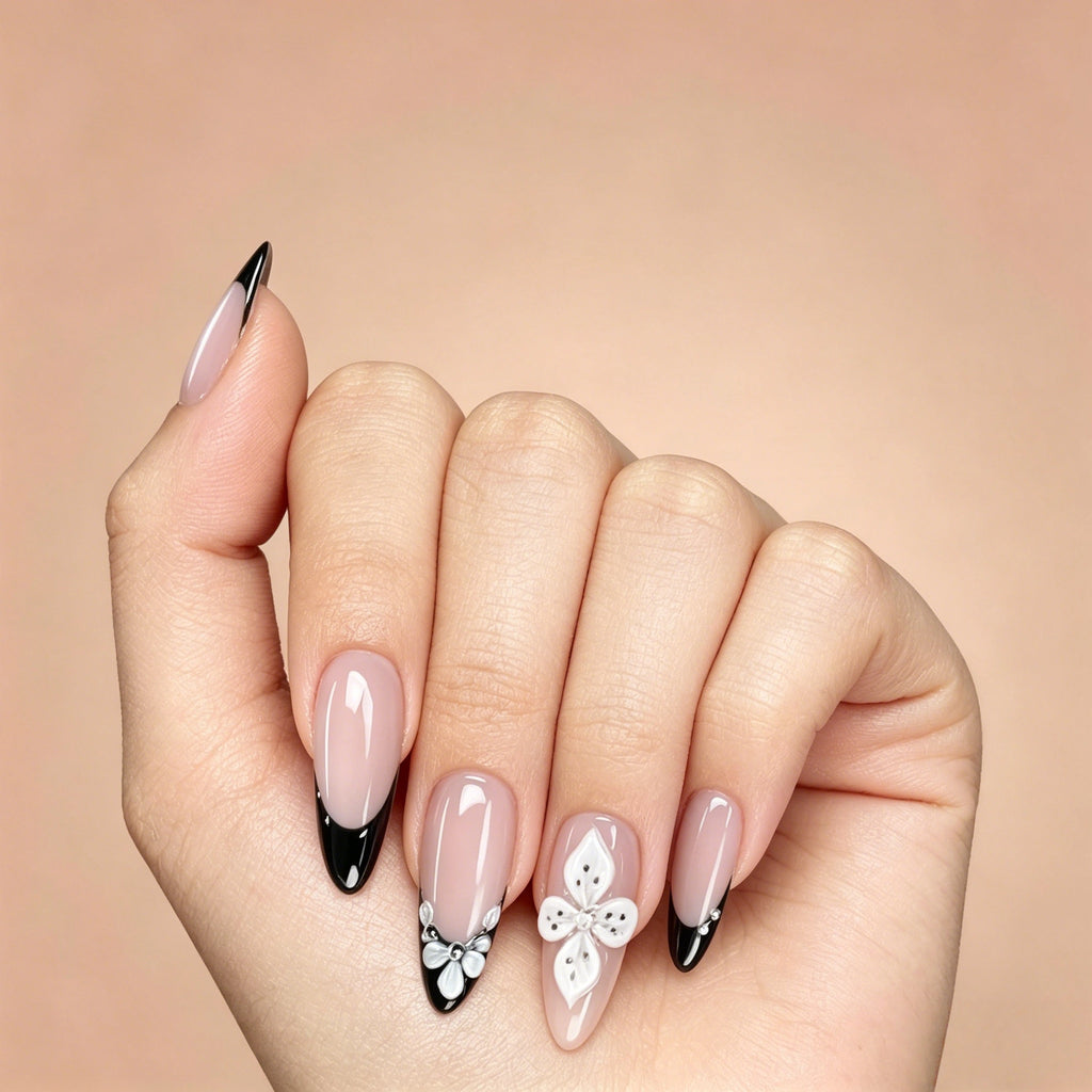 Kentrim Nude Black French Tip 3D Flower Rhinestone Medium Almond Press On Nails - 24 Pieces, 12 Sizes