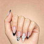Kentrim Nude Black French Tip 3D Flower Rhinestone Medium Almond Press On Nails - 24 Pieces, 12 Sizes