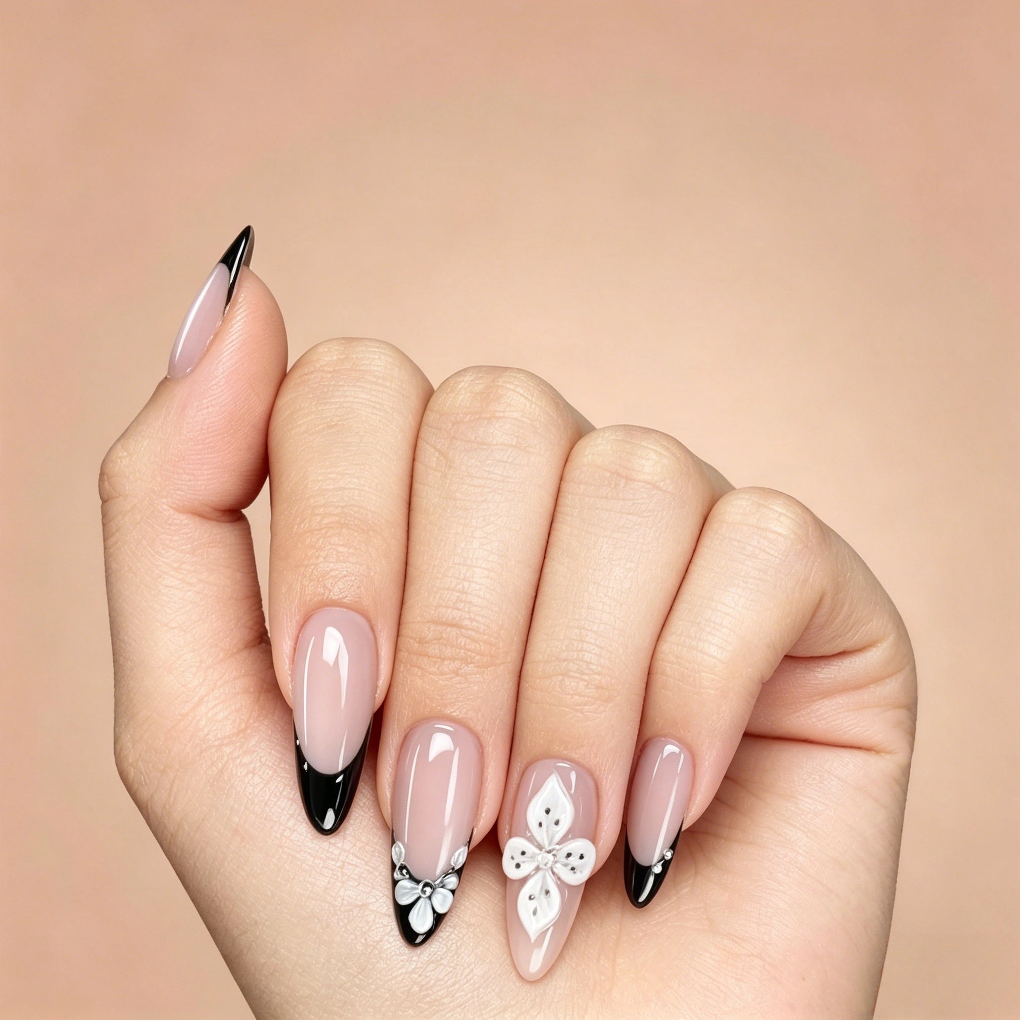 Kentrim Nude Black French Tip 3D Flower Rhinestone Medium Almond Press On Nails - 24 Pieces, 12 Sizes