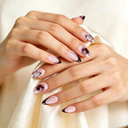 Kentrim Nude Pink Black French Tip Floral Medium Almond Press On Nails - 24 Pieces, 12 Sizes