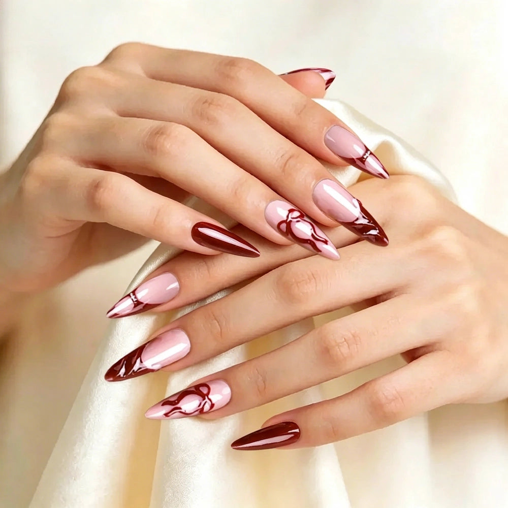 Kentrim Bold Red Abstract French Tip Long Stiletto Press On Nails - 24 Pieces, 12 Sizes Secondary image