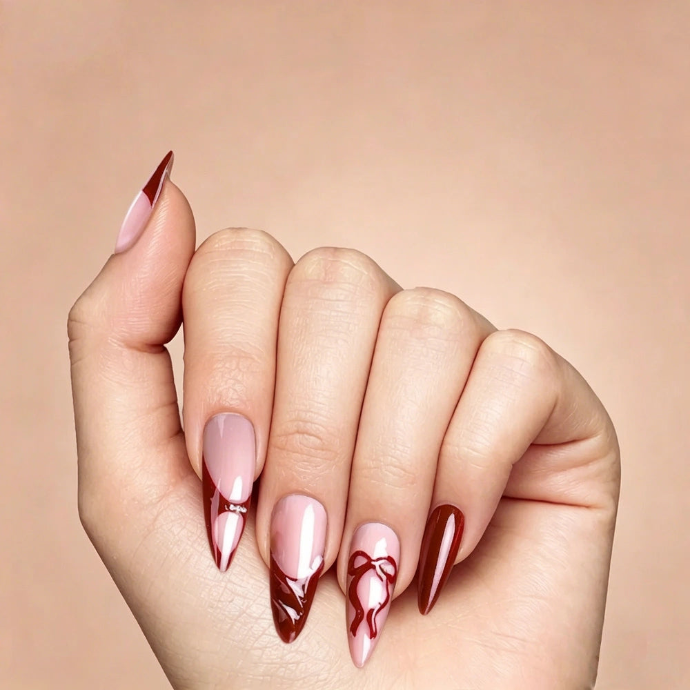 Kentrim Bold Red Abstract French Tip Long Stiletto Press On Nails - 24 Pieces, 12 Sizes