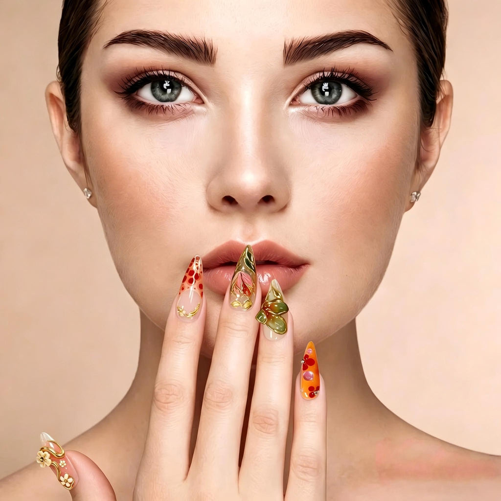 Kentrim Tropical Citrus Floral Press On Nails- 10 Pieces (Single Size)