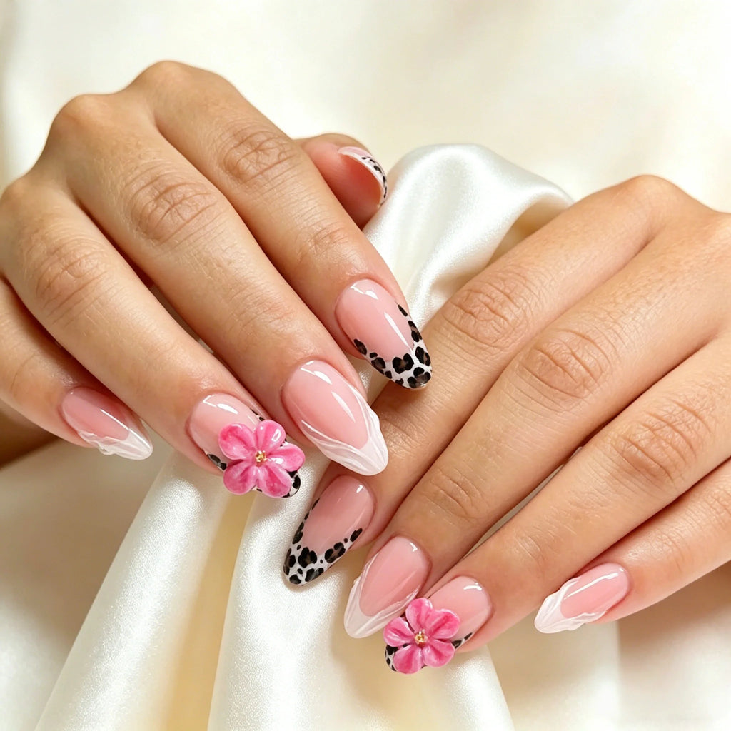 Kentrim Pink Leopard French Tip 3D Flower Medium Almond Press On Nails - 24 Pieces, 12 Sizes