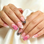 Kentrim Pink Leopard French Tip 3D Flower Medium Almond Press On Nails - 24 Pieces, 12 Sizes