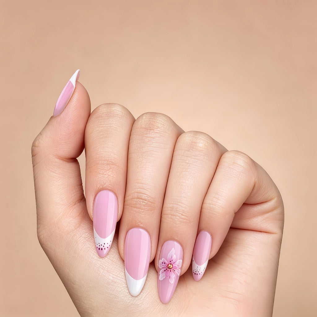 Kentrim Pink White French Tip 3D Flower Medium Almond Press On Nails - 24 Pieces, 12 Sizes