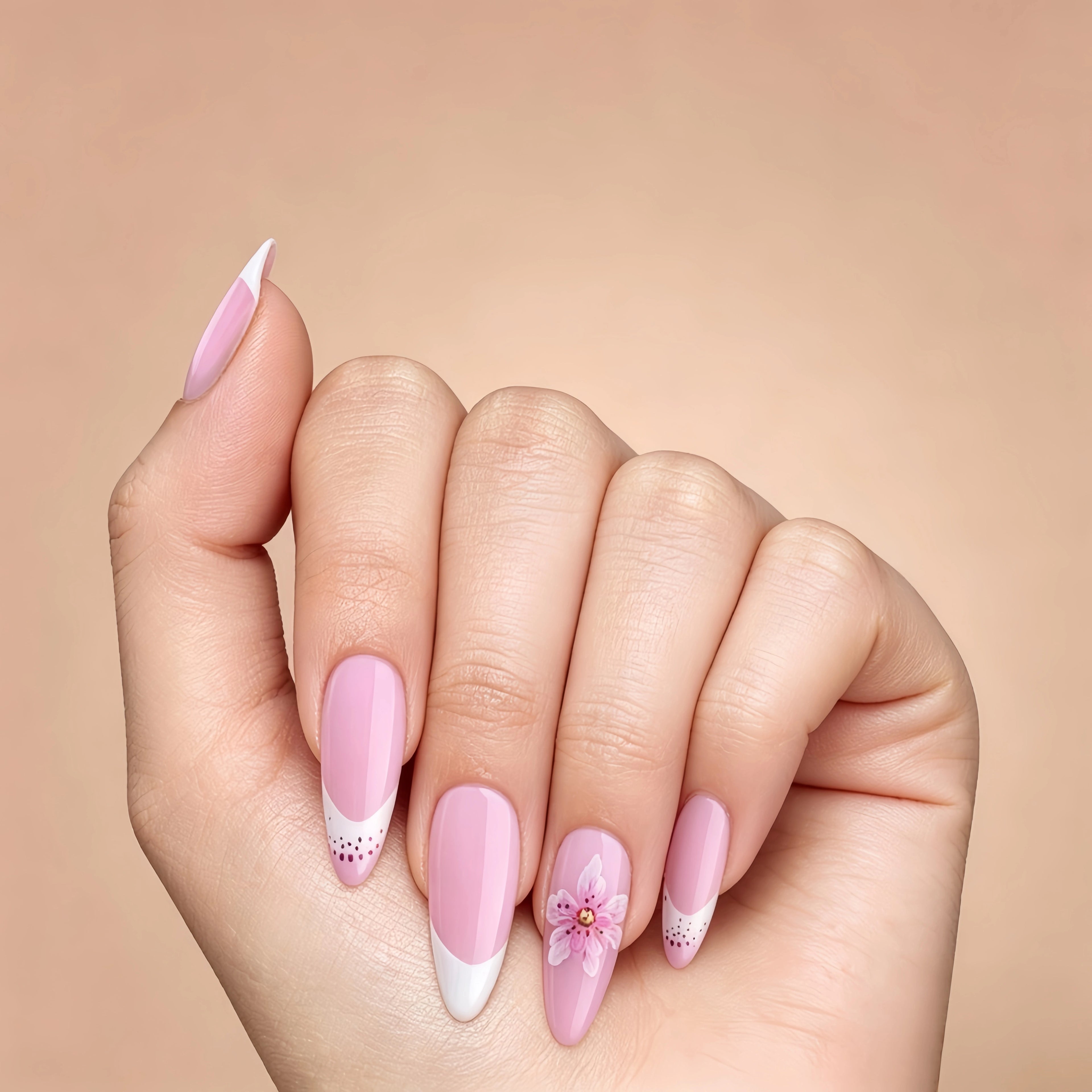 Kentrim Pink White French Tip 3D Flower Medium Almond Press On Nails - 24 Pieces, 12 Sizes