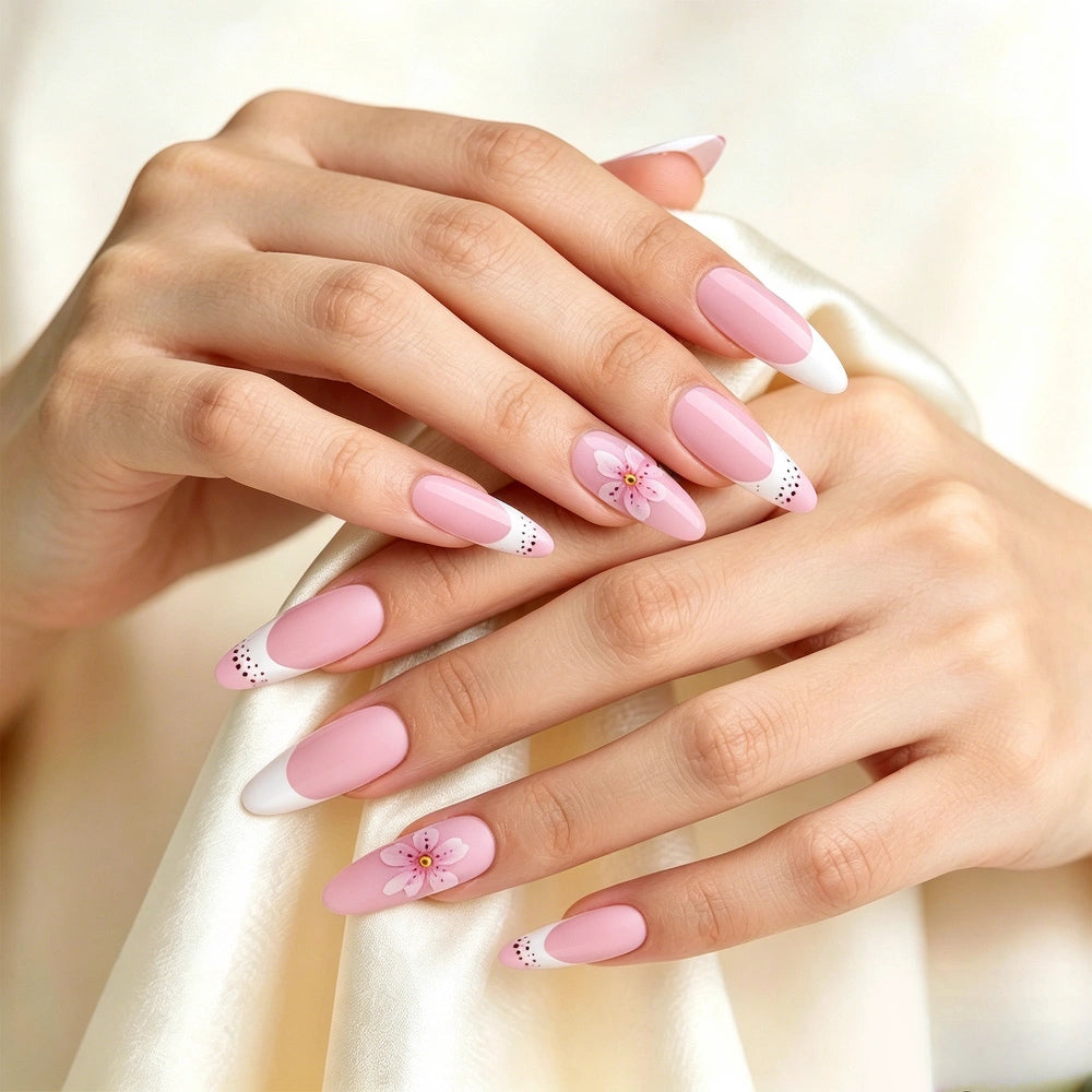 Kentrim Pink White French Tip 3D Flower Medium Almond Press On Nails - 24 Pieces, 12 Sizes Secondary image