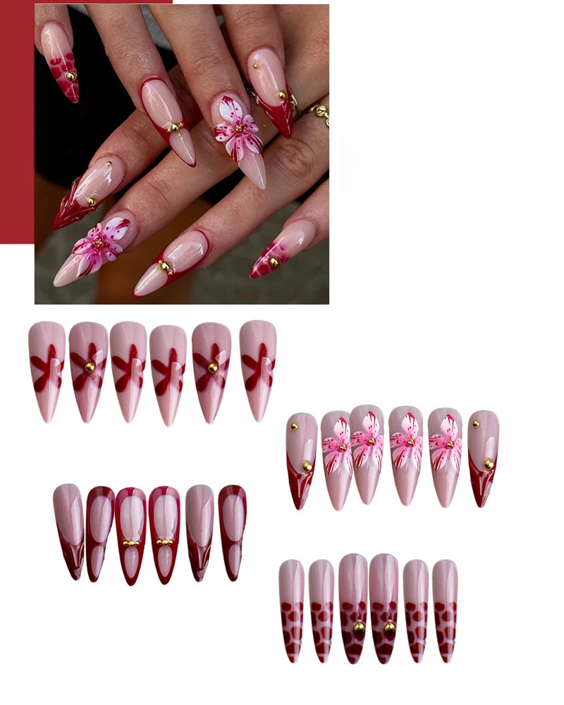 Kentrim Bold Red Floral French Tip Long Stiletto Press On Nails - 24 Pieces, 12 Sizes