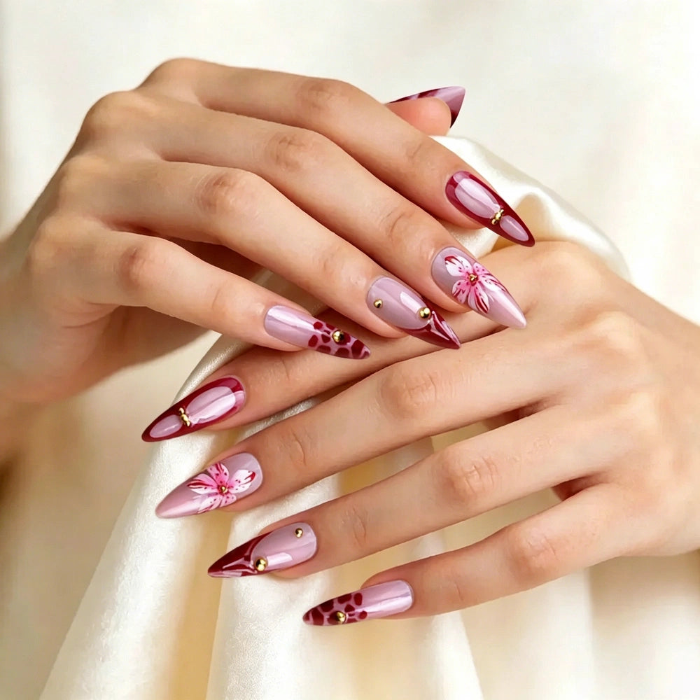 Kentrim Bold Red Floral French Tip Long Stiletto Press On Nails - 24 Pieces, 12 Sizes