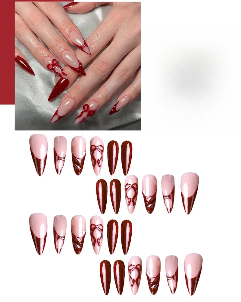 Kentrim Bold Red Abstract French Tip Long Stiletto Press On Nails - 24 Pieces, 12 Sizes