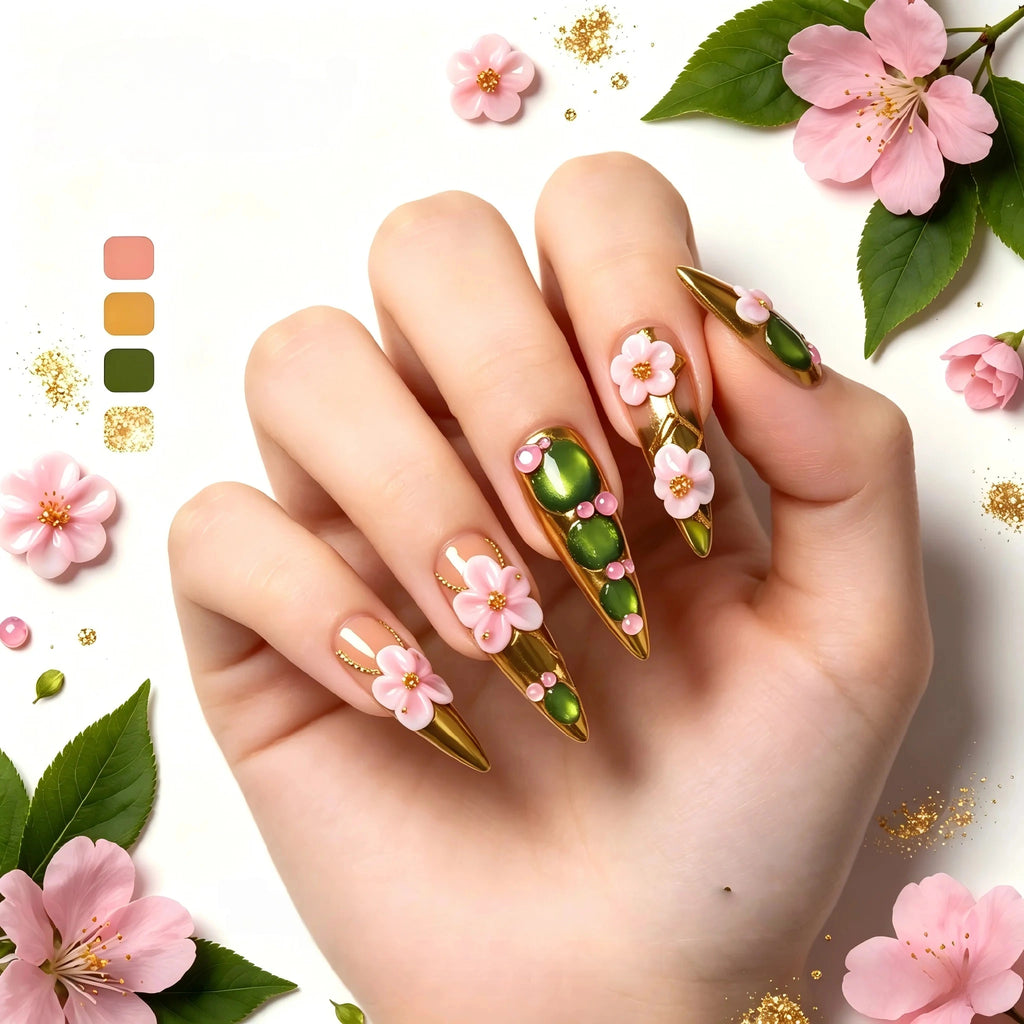 Kentrim 3D Sakura Jade Press On Nails- 10 Pieces (Single Size)