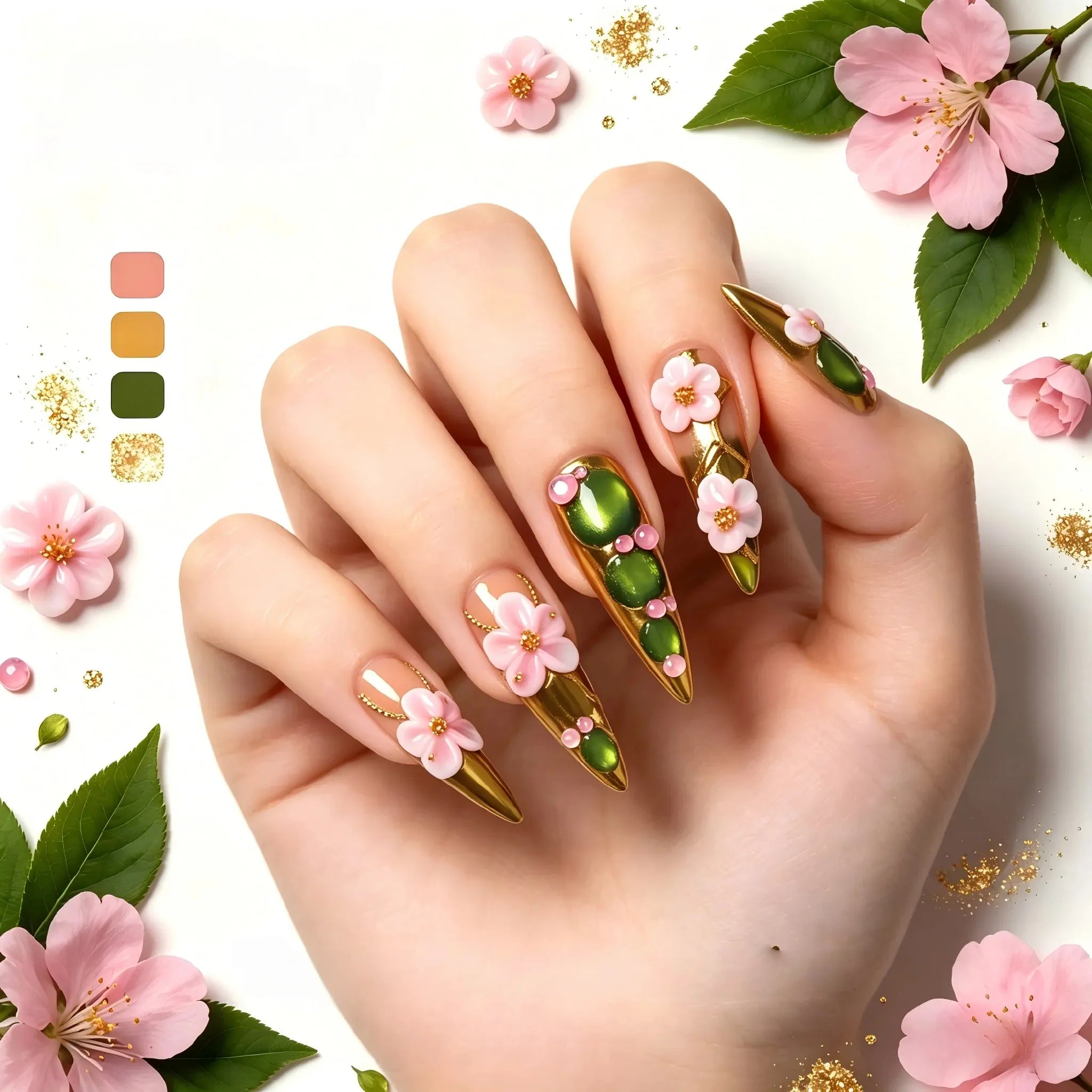 Kentrim 3D Sakura Jade press-on nails in long stiletto style with floral design, set of 10 individual nails for easy application Main image