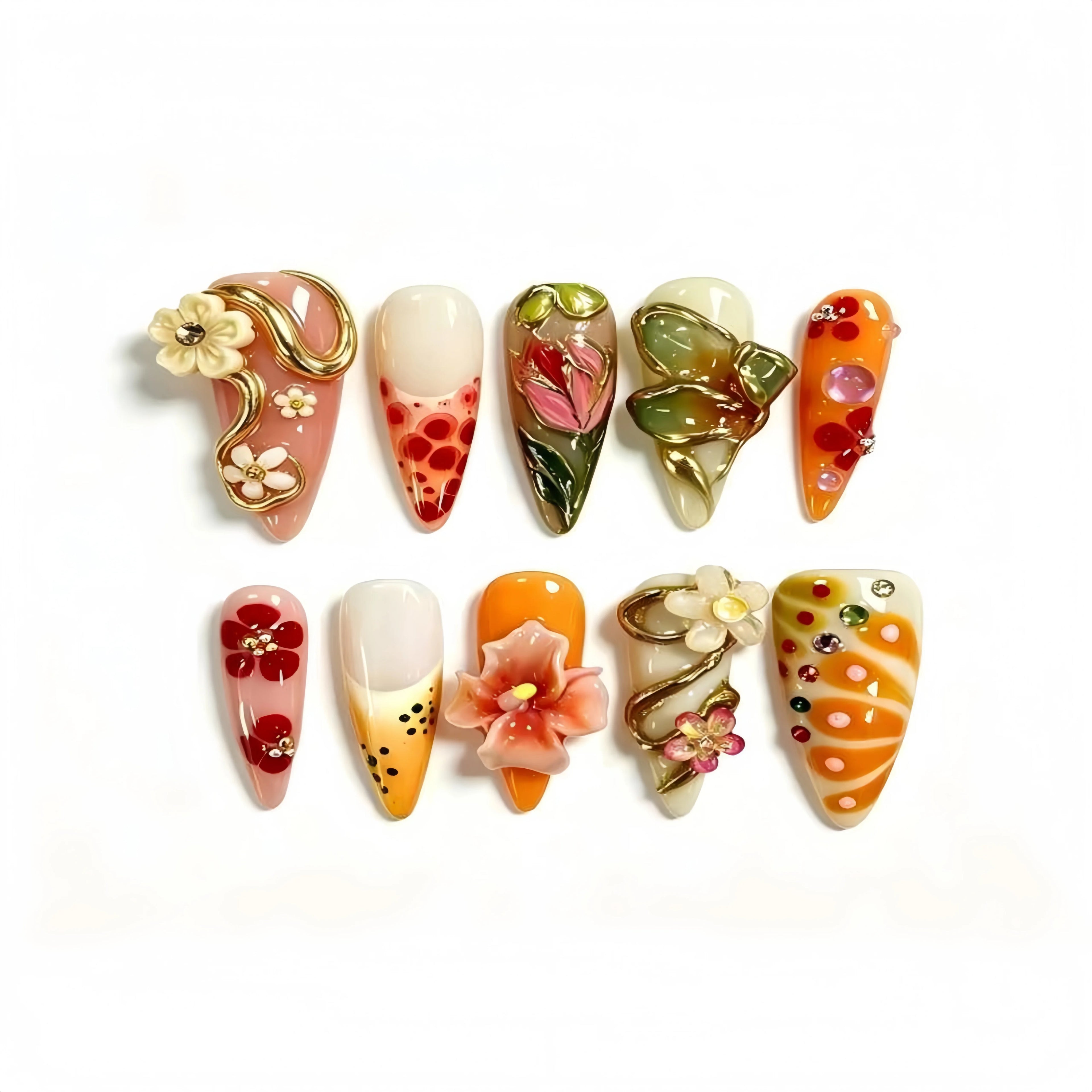 Kentrim Tropical Citrus Floral Press On Nails- 10 Pieces (Single Size)