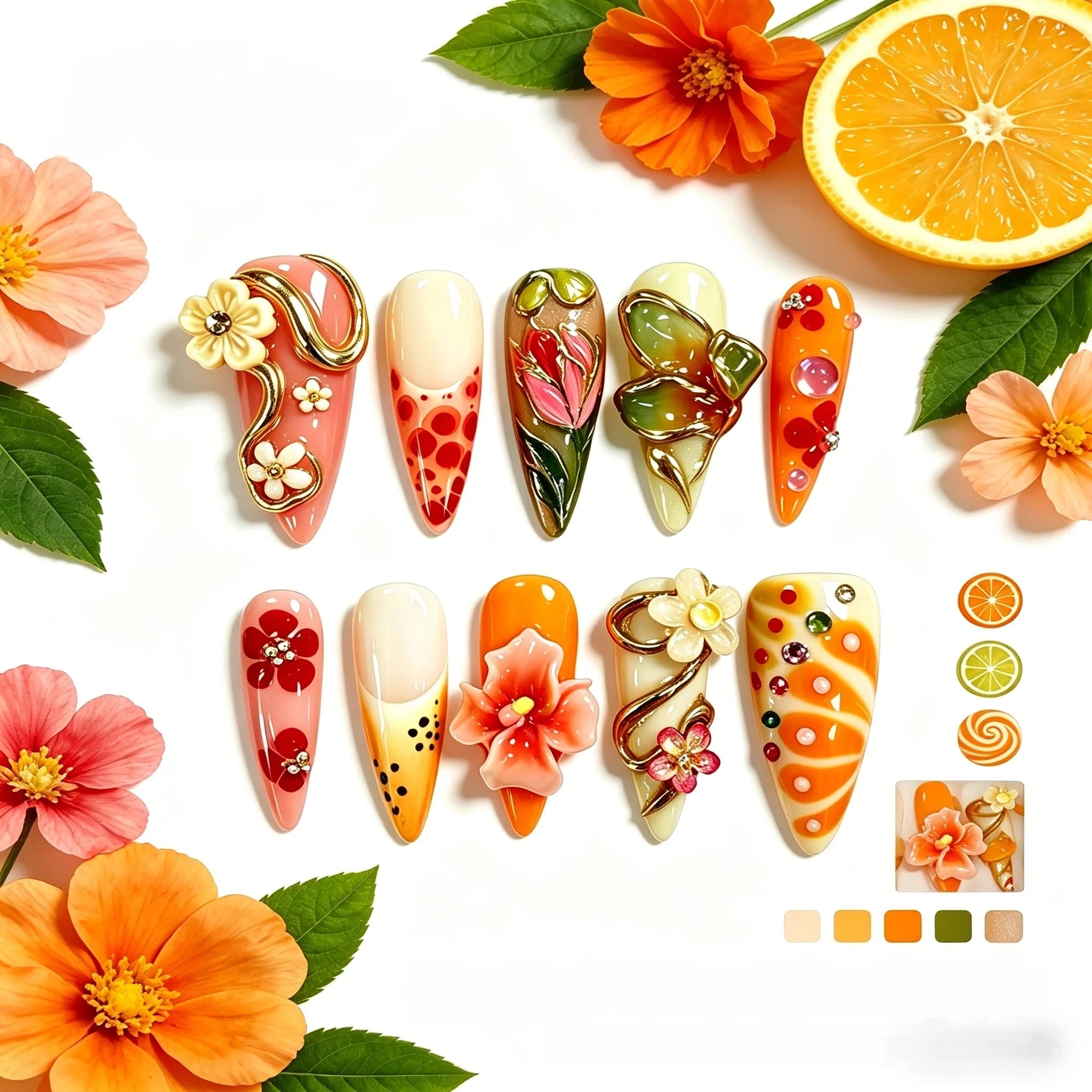 Kentrim Tropical Citrus Floral Press On Nails- 10 Pieces (Single Size)