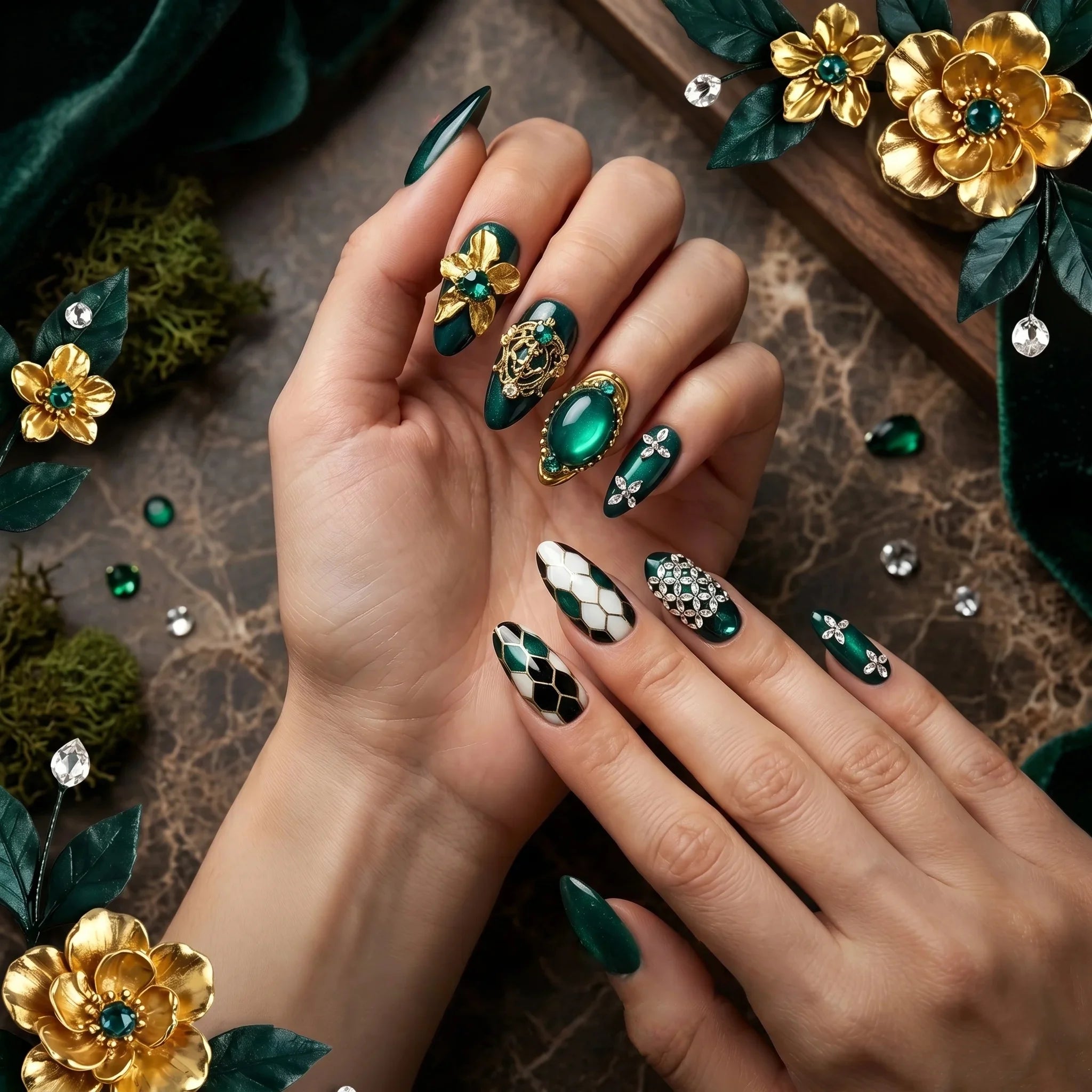 Kentrim Floral Gem Long Almond Press On Nails - 10 Pieces (Single Size) Secondary image