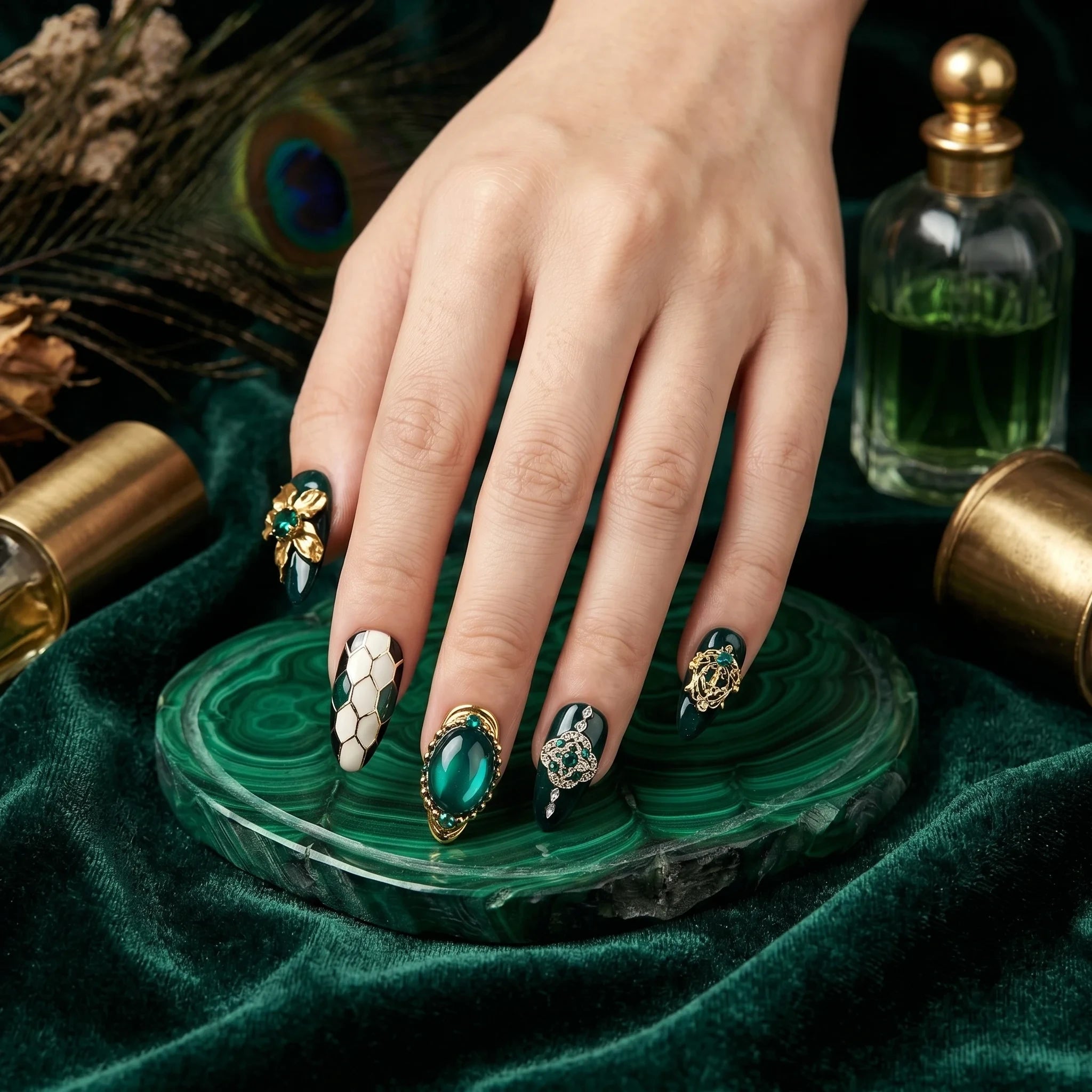 Kentrim Floral Gem Long Almond Press On Nails - 10 Pieces (Single Size)