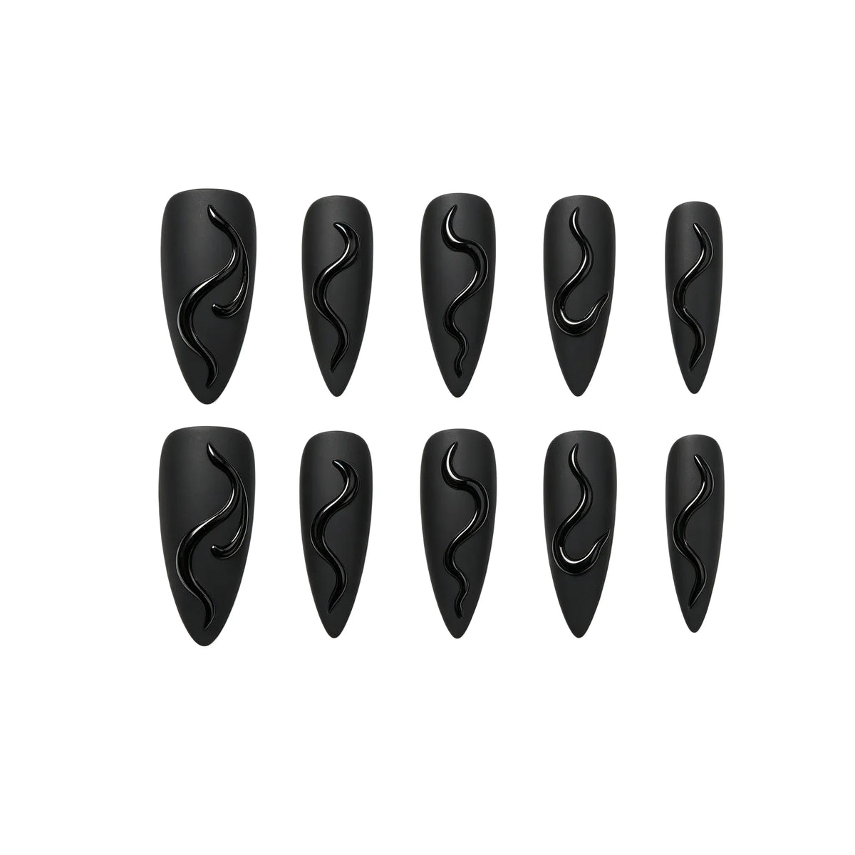 Kentrim matte black 3D liquid curve stiletto press-on nails, 24 pieces in 12 sizes, displayed on a white background. Main image