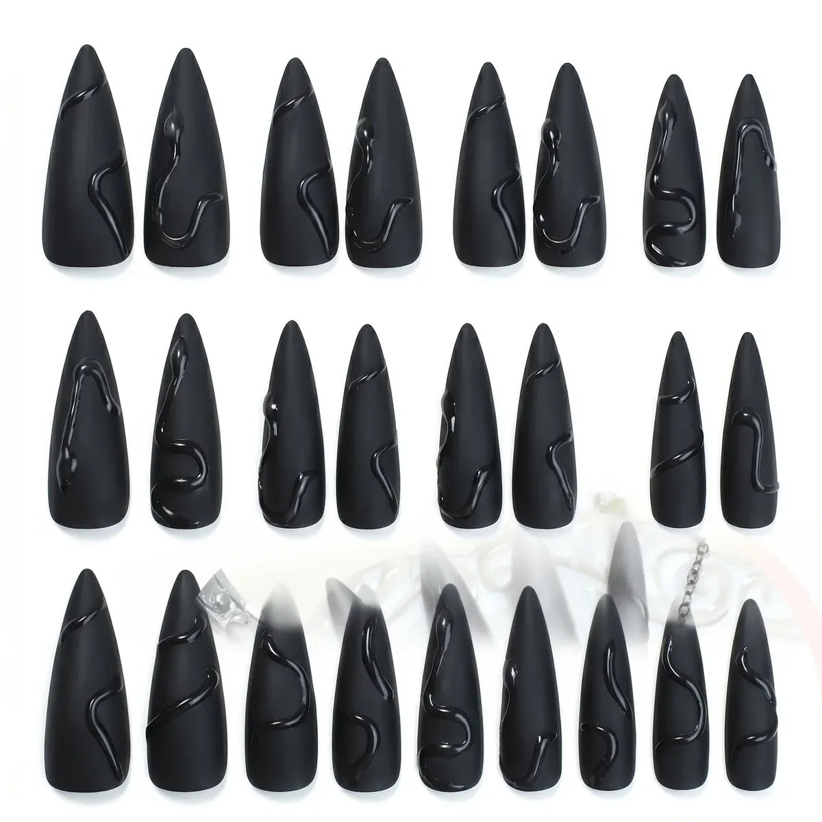 Kentrim Jelly Glue Black Kentrim Matte Black 3D Liquid Curve Stiletto Press On Nails - 24 Pieces (12 Sizes) Main image