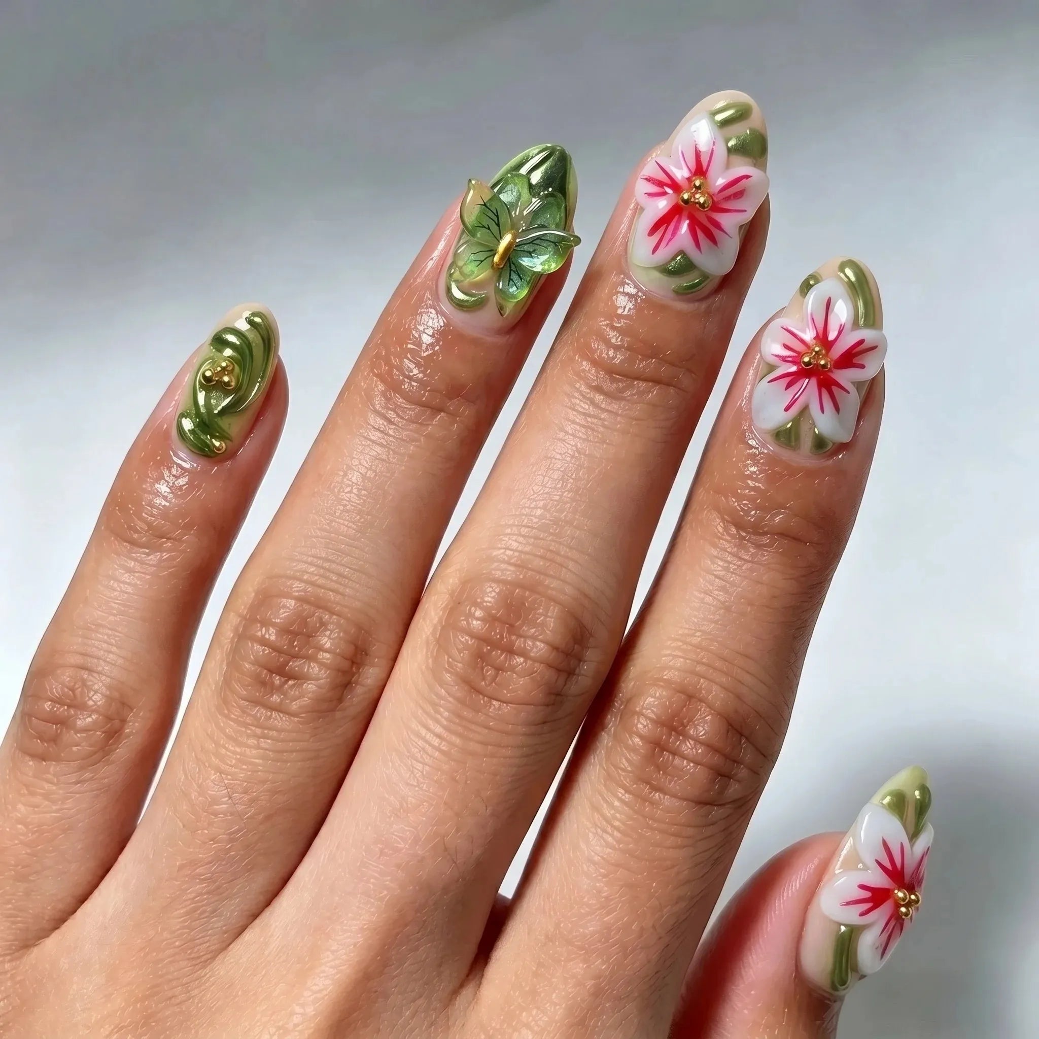 Kentrim Floral Garden 3D press on almond-shaped nails with floral design, set of 10 pieces, single size, natural nail appearance Main image