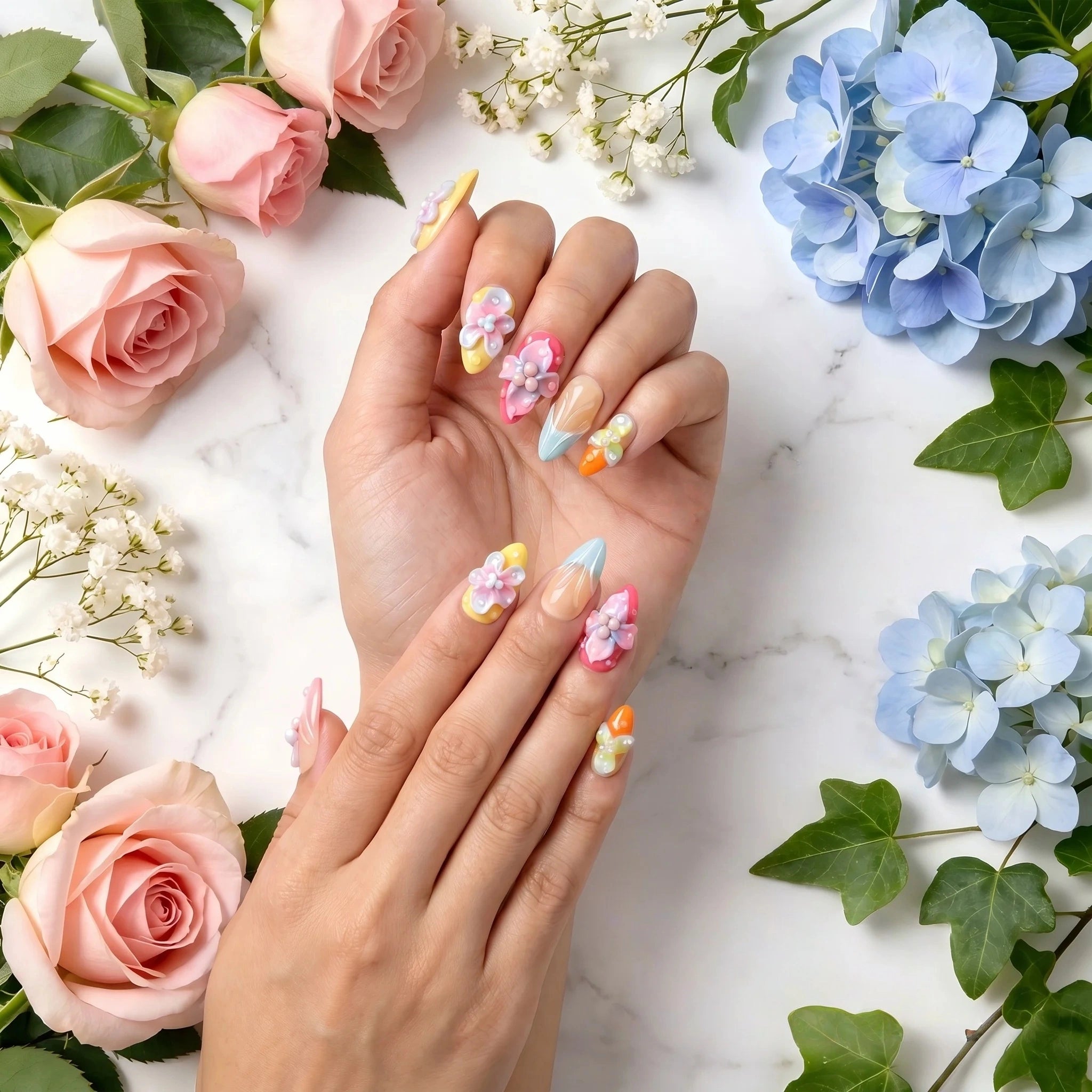 Kentrim Pastel Floral 3D Press On Nails- 10 Pieces (Single Size)