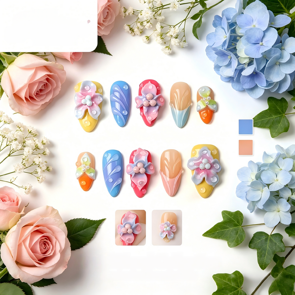 Kentrim Pastel Floral 3D Press On Nails- 10 Pieces (Single Size)