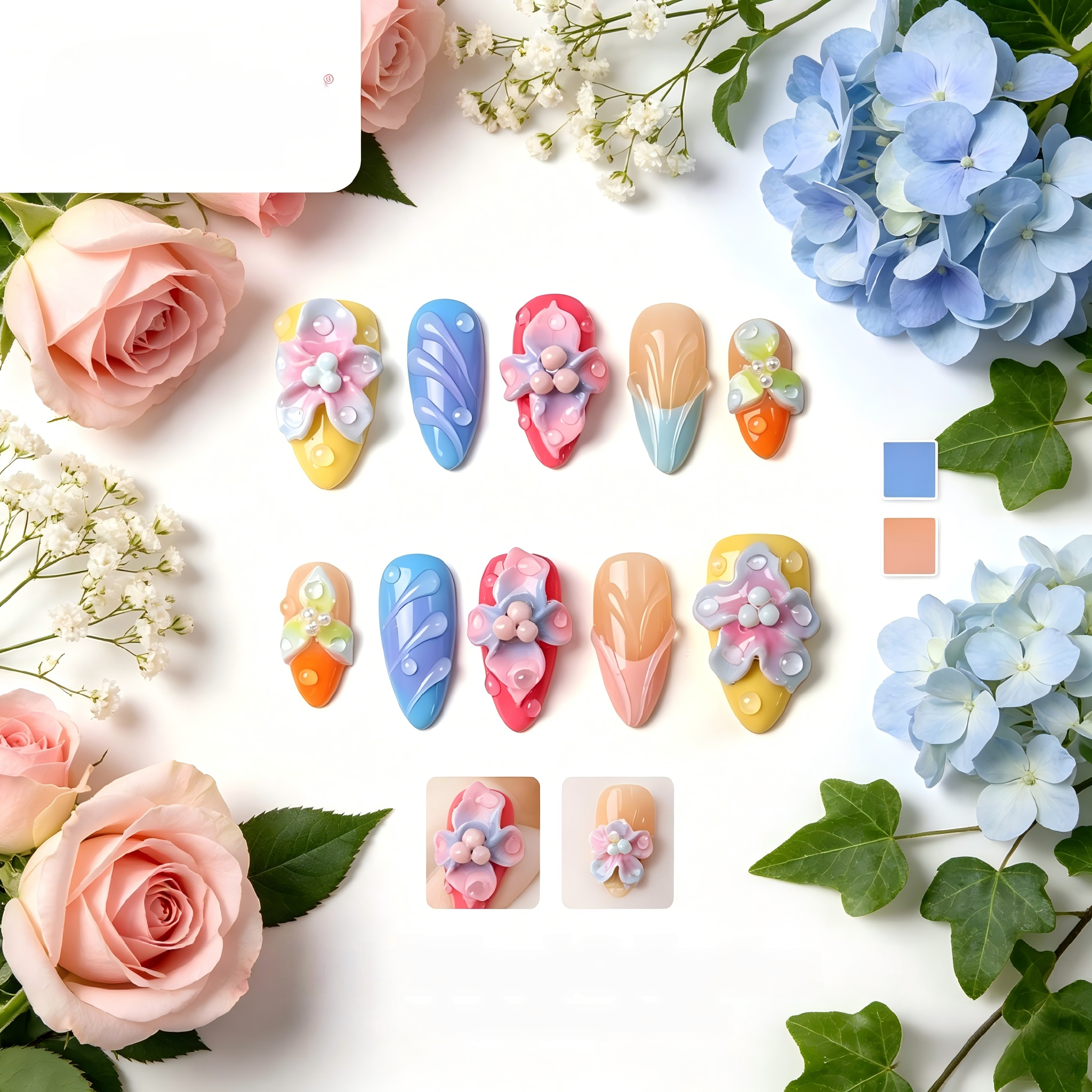 Kentrim Pastel Floral 3D Press On Nails- 10 Pieces (Single Size)