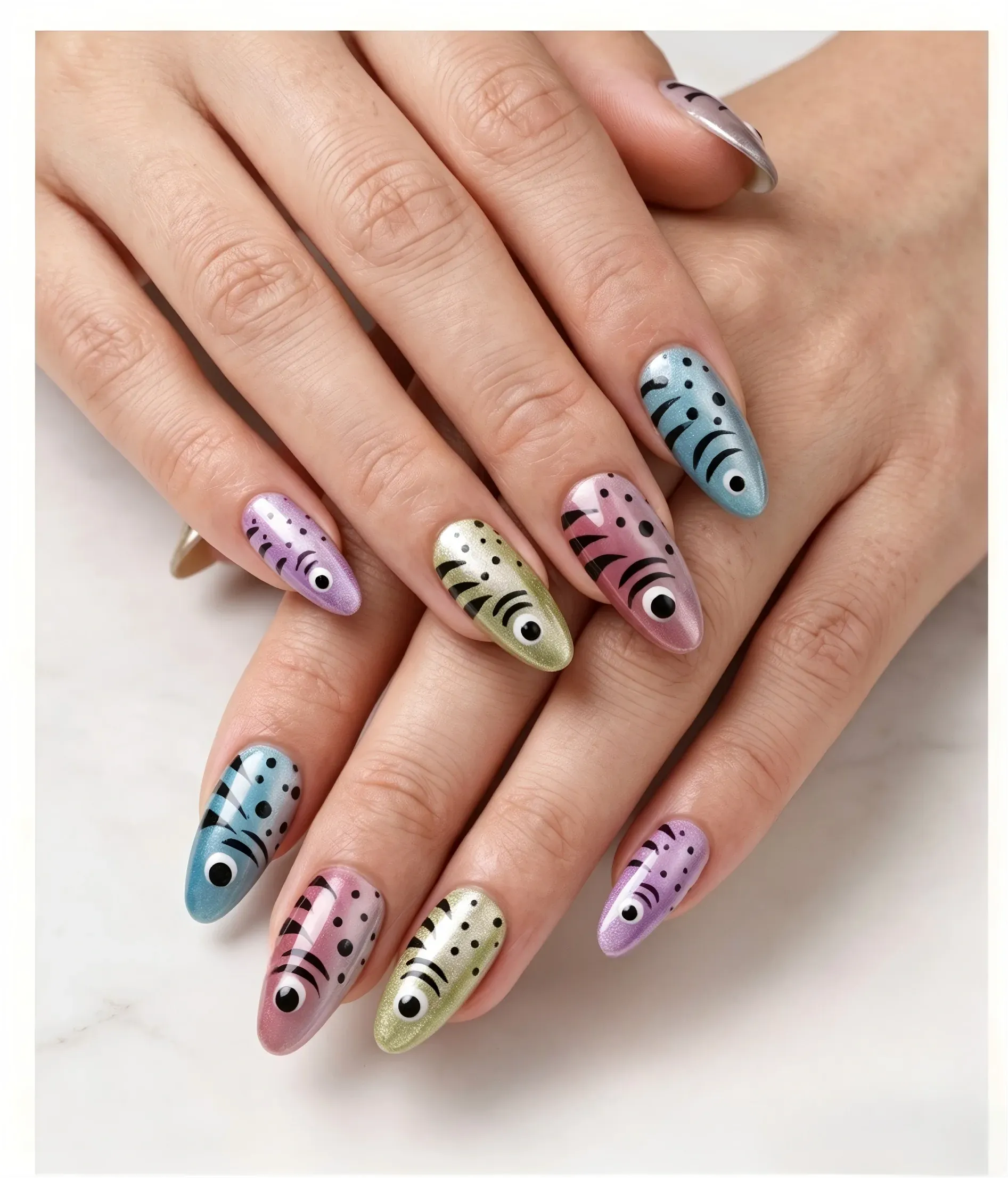Kentrim fish print press on nails in medium almond shape with playful animal design, set of 10 nails for easy application. Main image
