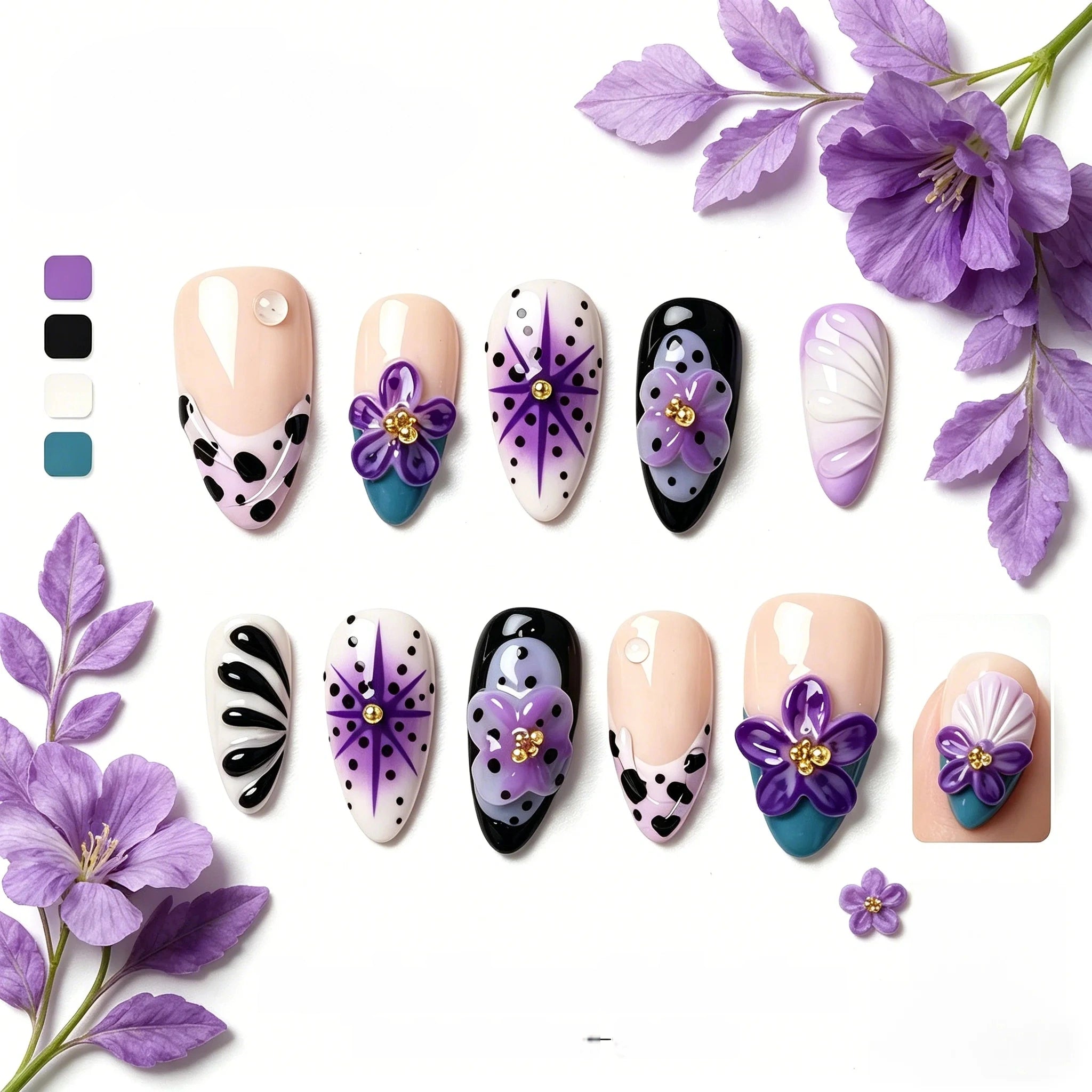 Kentrim Purple Floral Cow Print Press On Nails- 10 Pieces (Single Size)
