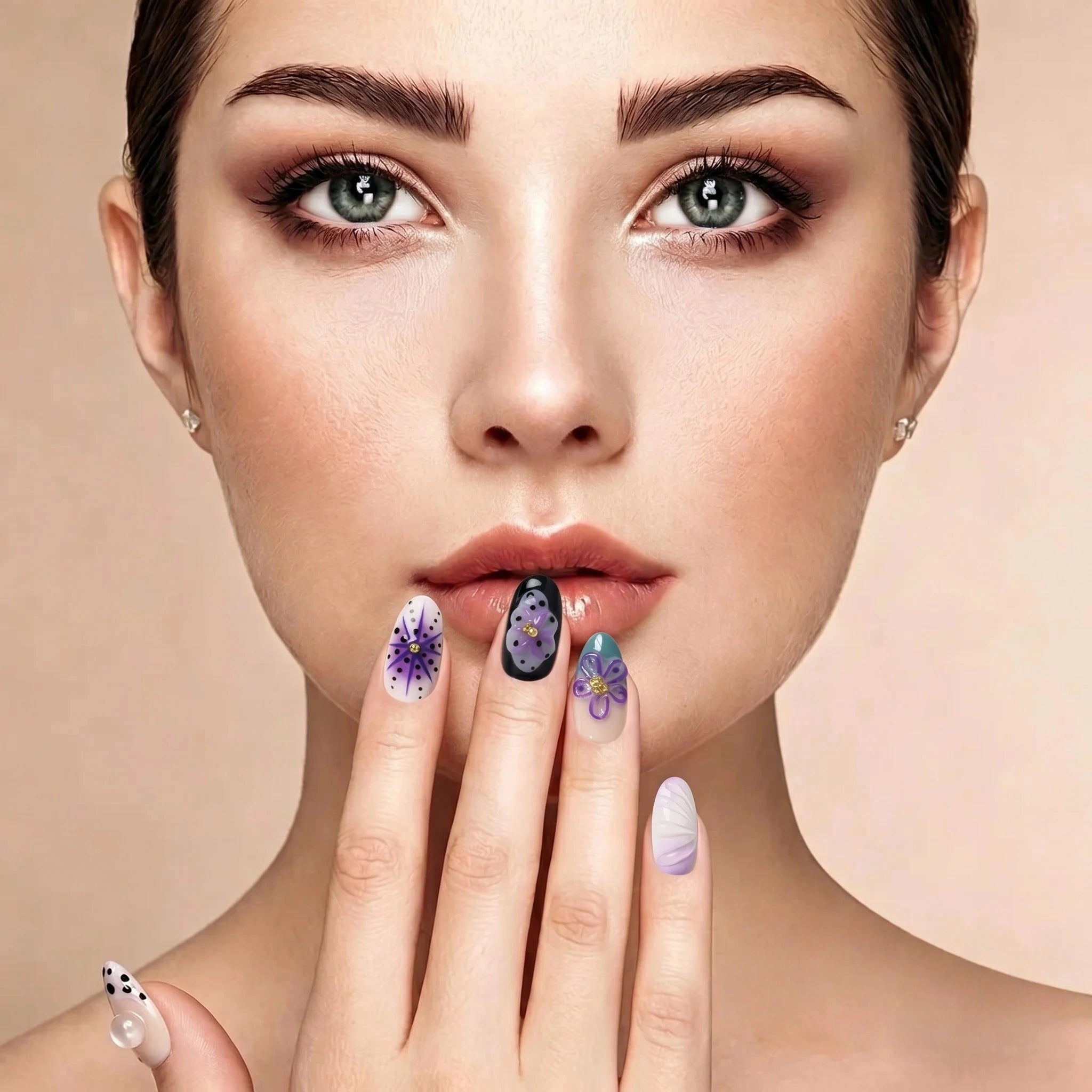 Kentrim Purple Floral Cow Print Press On Nails- 10 Pieces (Single Size)