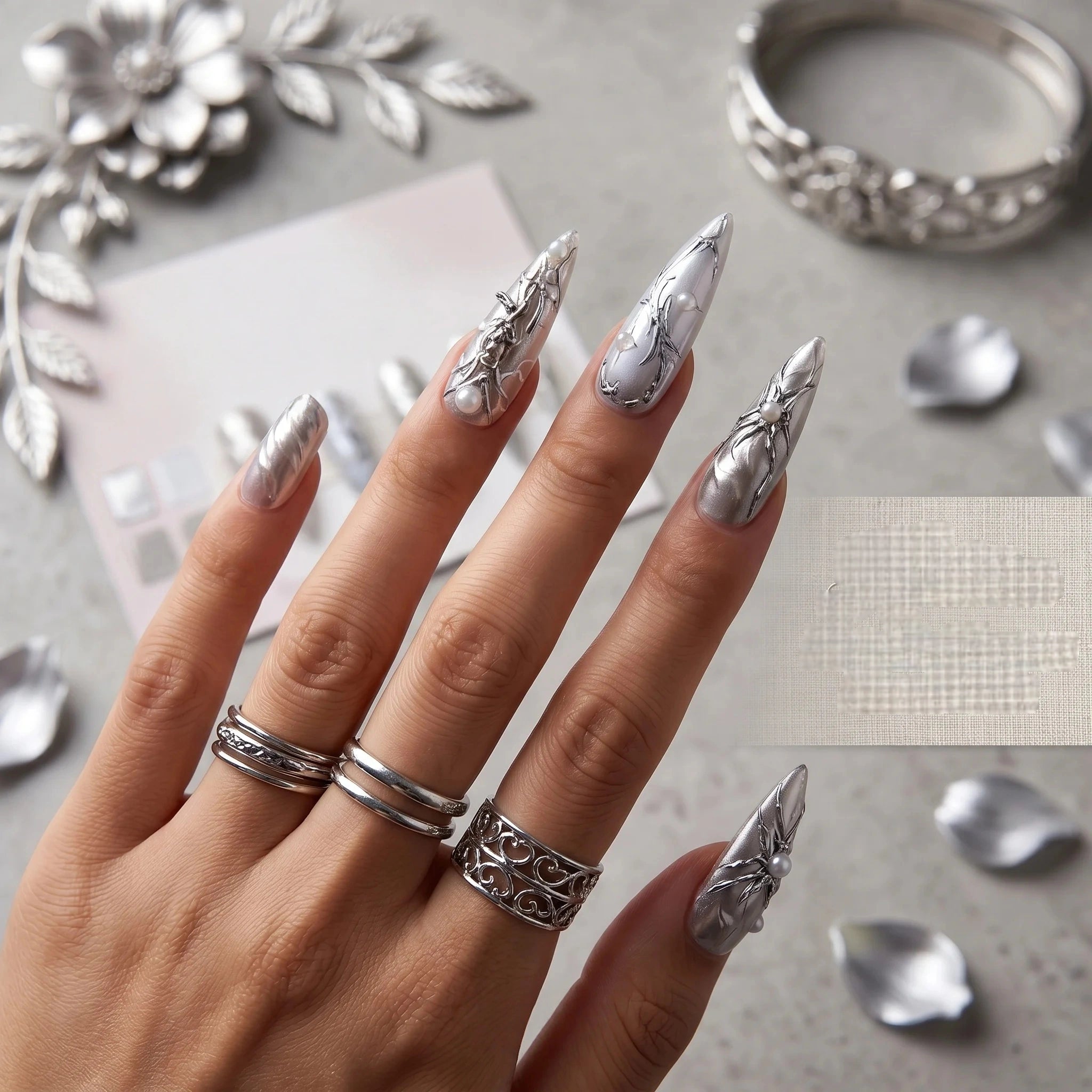 Kentrim Metallic Chrome Floral Press On Nails- 30 Pieces, 15 Sizes