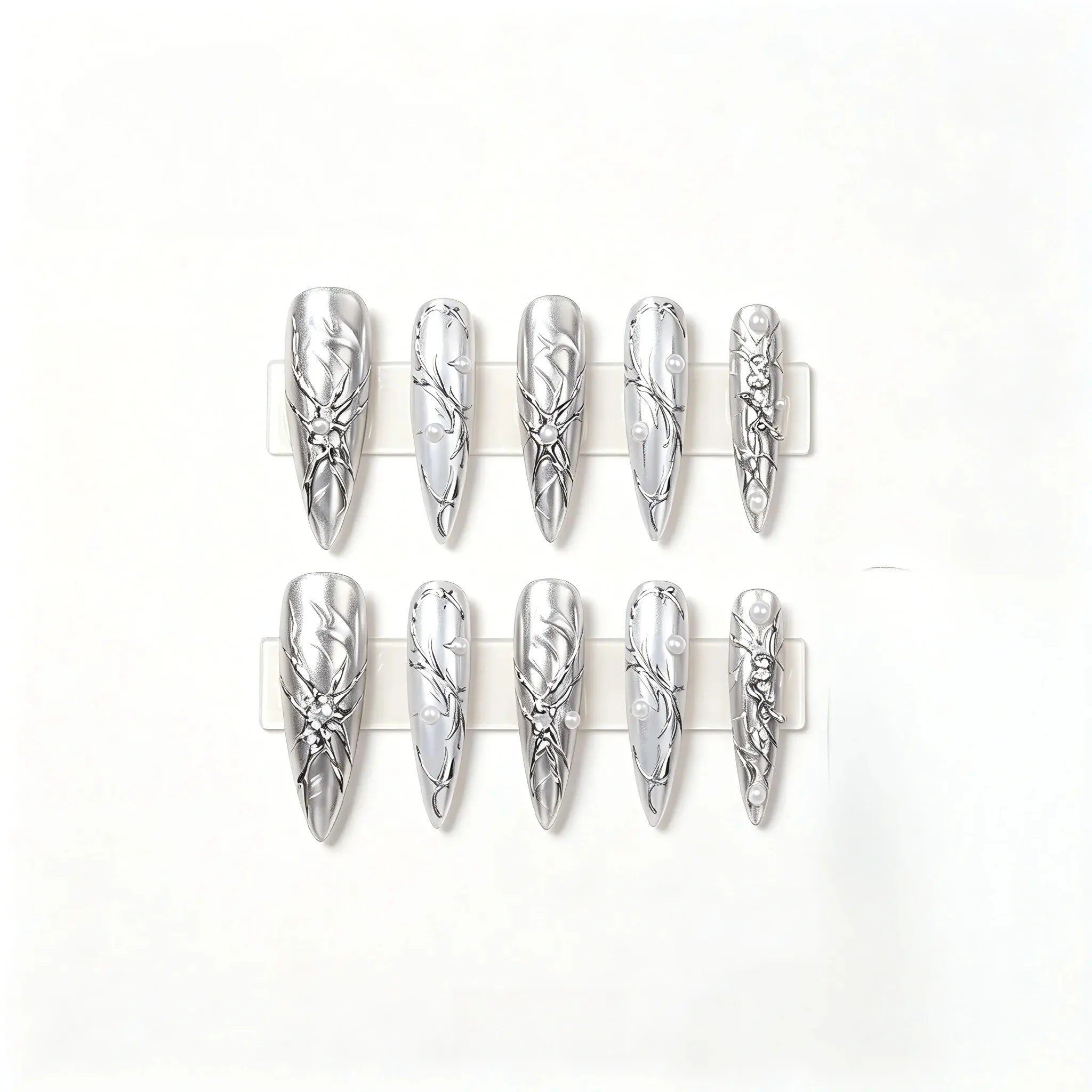 Kentrim Metallic Chrome Floral Press On Nails- 30 Pieces, 15 Sizes Secondary image