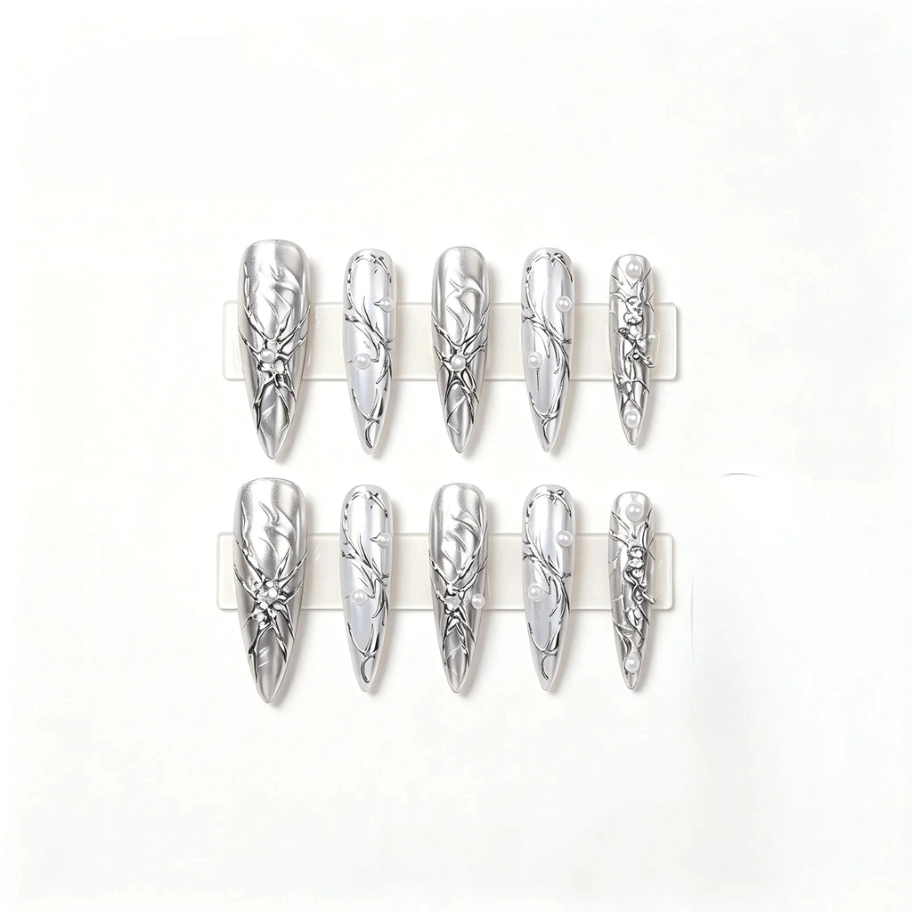 Kentrim Metallic Chrome Floral Press On Nails- 30 Pieces, 15 Sizes
