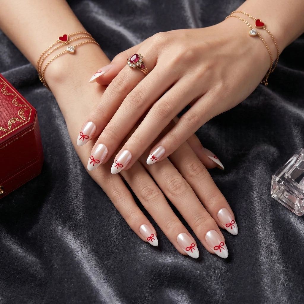Kentrim Red Bow Short Almond Press On Nails - 10 Pieces (Single Size)