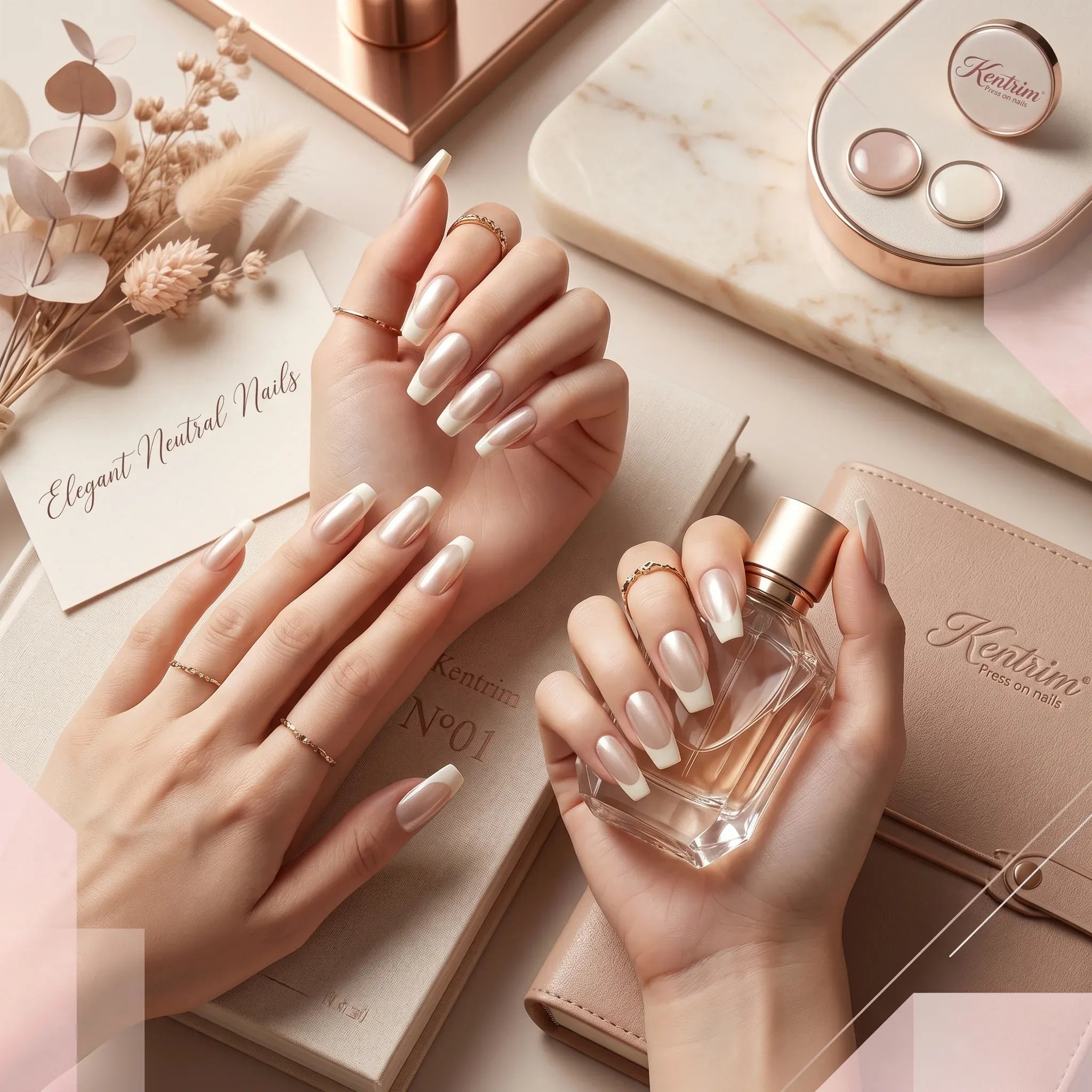Kentrim neutral French press-on nails with almond coffin square shape, pink cat eye ombre tips, and nude base, 30-piece set. Main image