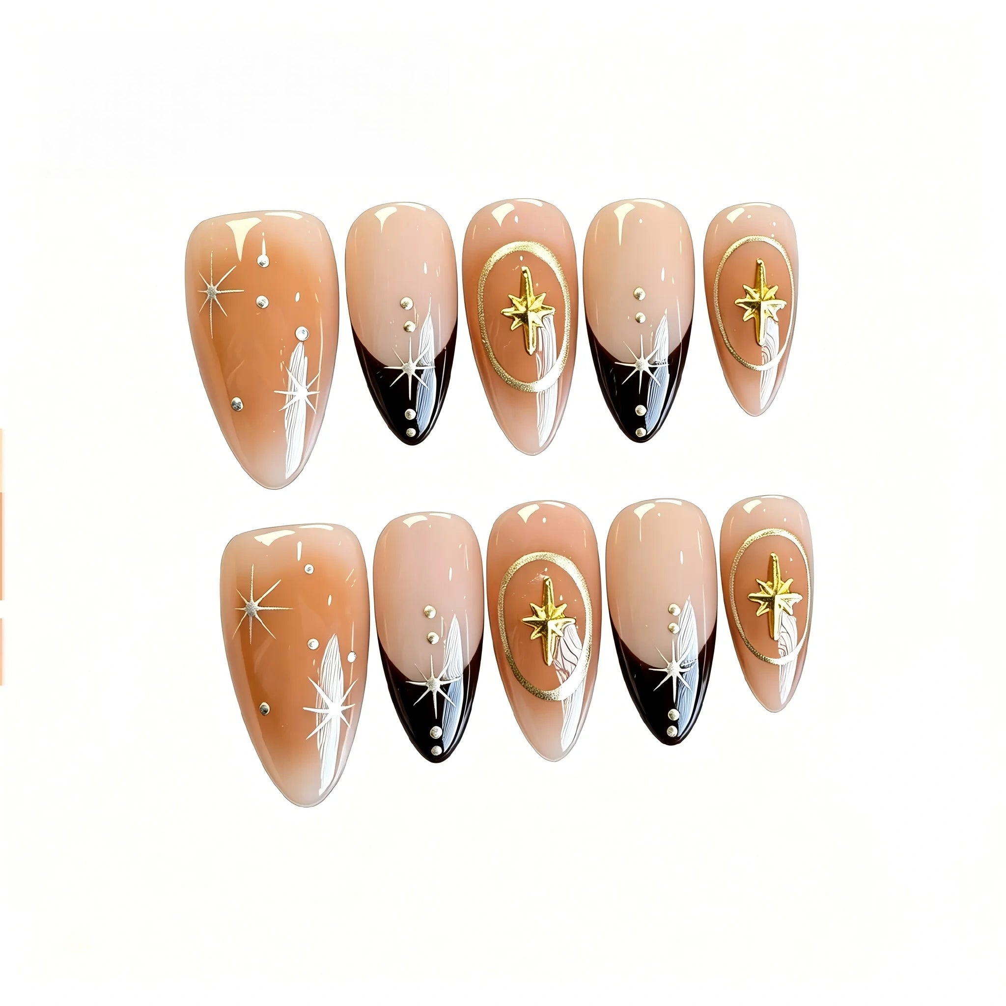 Kentrim Neutral Starlight Black French Tip Short Almond Press On Nails- 10 Pieces (Single Size) Main image