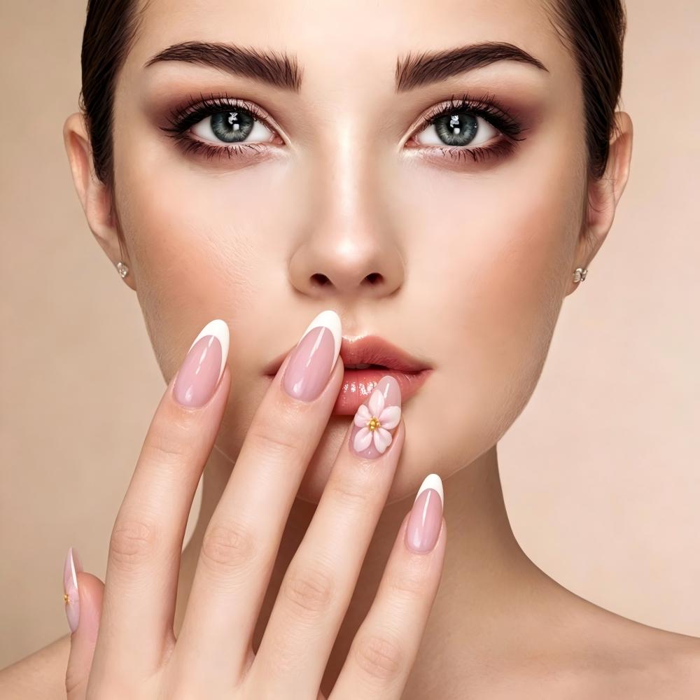 Kentrim Sweet Pink French Tip 3D Flower Medium Almond Press On Nails - 24 Pieces, 12 Sizes Secondary image
