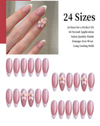 Kentrim Sweet Pink French Tip 3D Flower Medium Almond Press On Nails - 24 Pieces, 12 Sizes