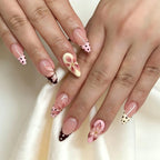 Kentrim 3D Nude Pink Flower Polka Dot French Medium Almond Press On Nails - 24 Pieces, 12 Sizes