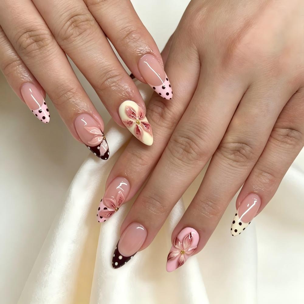 Kentrim 3D Nude Pink Flower Polka Dot French Medium Almond Press On Nails - 24 Pieces, 12 Sizes