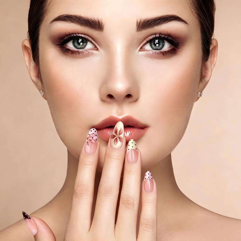 Kentrim 3D Nude Pink Flower Polka Dot French Medium Almond Press On Nails - 24 Pieces, 12 Sizes