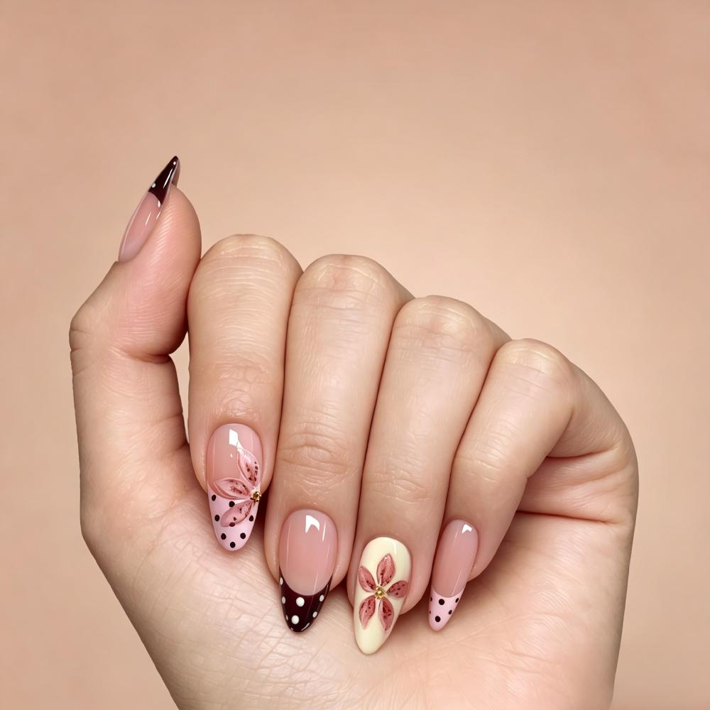 Kentrim 3D Nude Pink Flower Polka Dot French Medium Almond Press On Nails - 24 Pieces, 12 Sizes