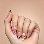 Kentrim 3D Nude Pink Flower Polka Dot French Medium Almond Press On Nails - 24 Pieces, 12 Sizes