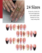 Kentrim 3D Nude Pink Flower Polka Dot French Medium Almond Press On Nails - 24 Pieces, 12 Sizes