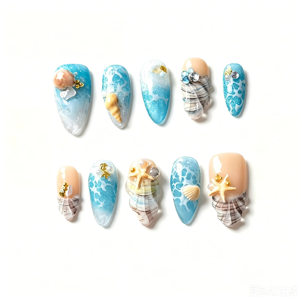 Kentrim Ocean Breeze Medium Almond Press On Nails- 10 Pieces (Single Size)